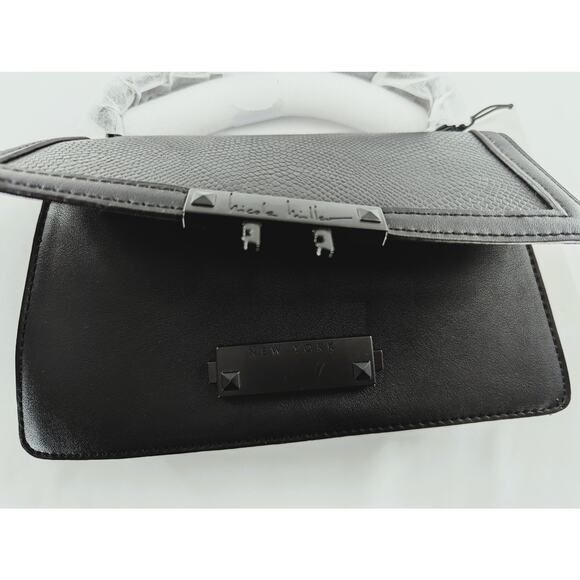 Nicole Miller Black Chain Accent Faux Leather Purse Bag - Picture 7 of 12